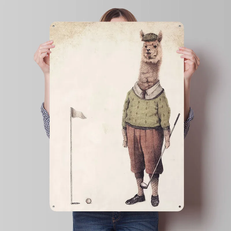 Alpaca Golf Club Printed Poster Customized Retro Wall Art Vintage Metal Tin Signs for Home Mancave Decoration Room House Decor