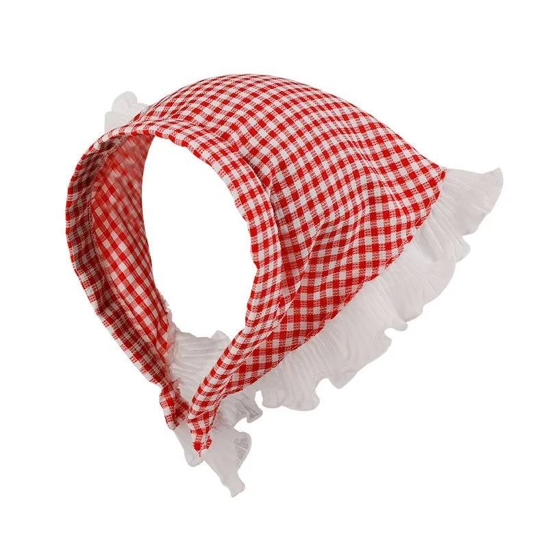 Faixa de cabeça xadrez retrô francesa – bandana triangular com acabamento em renda para mulheres, acessório de cabelo doce e fofo