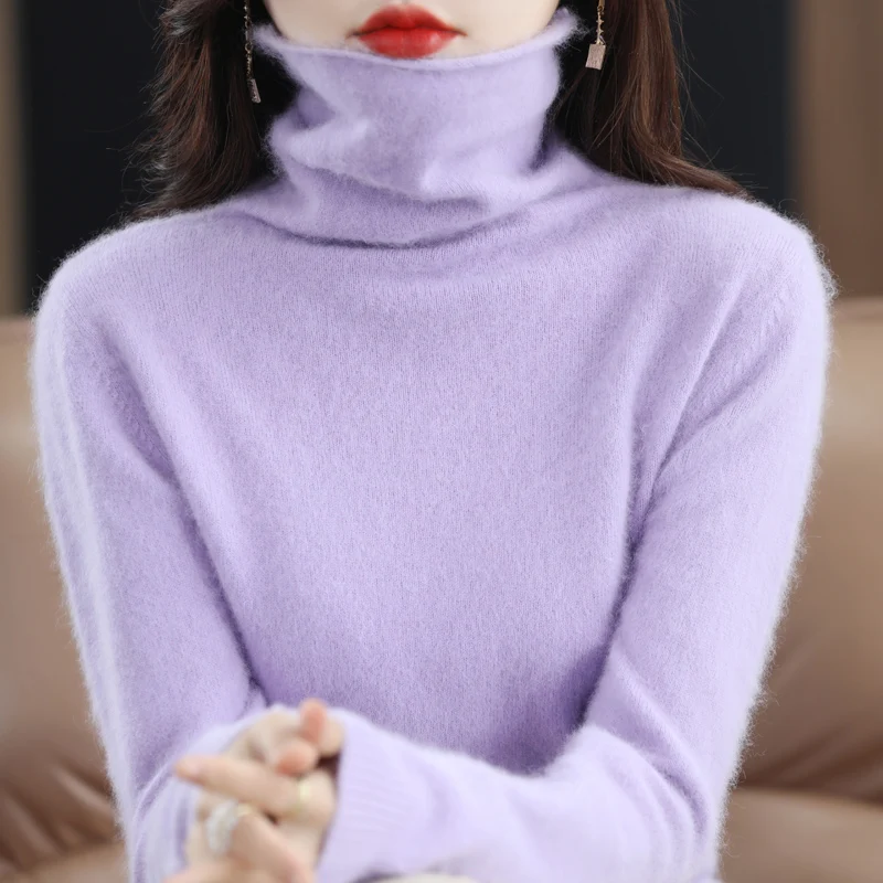 Autumn and winter new 100% pure mink velvet ladies new fashion turtleneck solid color loose long-sleeved knit pullover