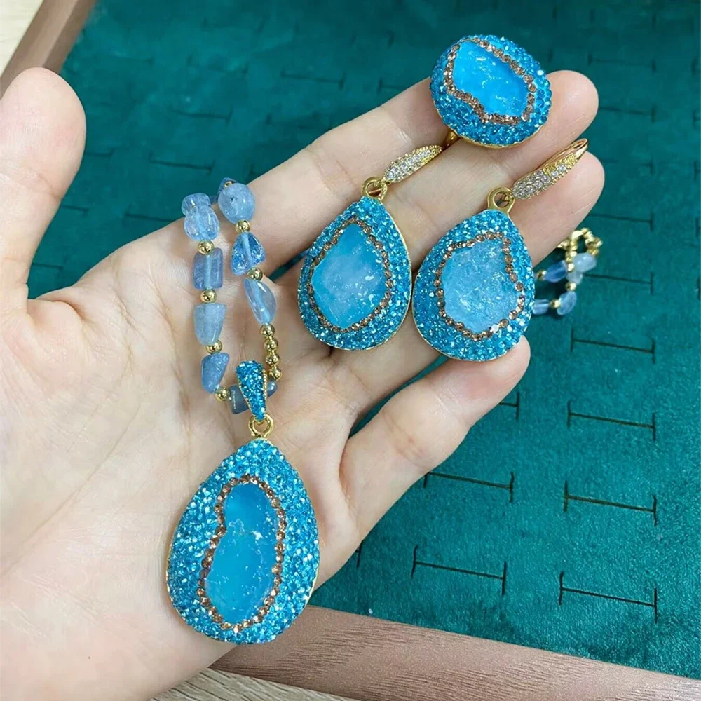 Türkisches rohes Barock-Aquamarin-Kristall-Schmuckset für Frauen, Strass-Quarz, unregelmäßiger Stein, Halskette, Ring, Haken, Ohrring-Sets