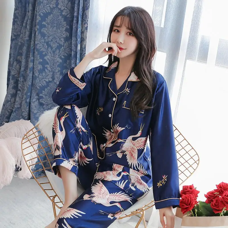 Oversized M-5XL Dames Pyjama Set Lange Mouw Tops Broek Pyjama 2 Stuks Satijnen Nachtkleding Huiskleding Pijama Mujer