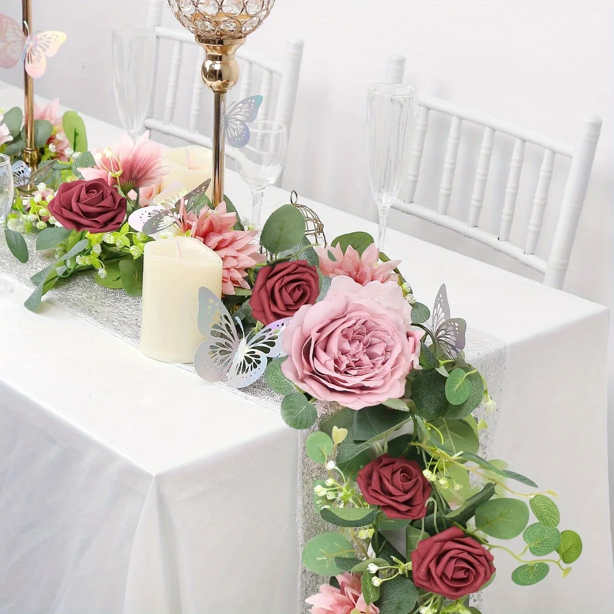 

2 件 Fake Rose Garland Faux Greenery Eucalyptus Garland, 5.9 Ft/Pc Artificial Eucalyptus Flower Garland with