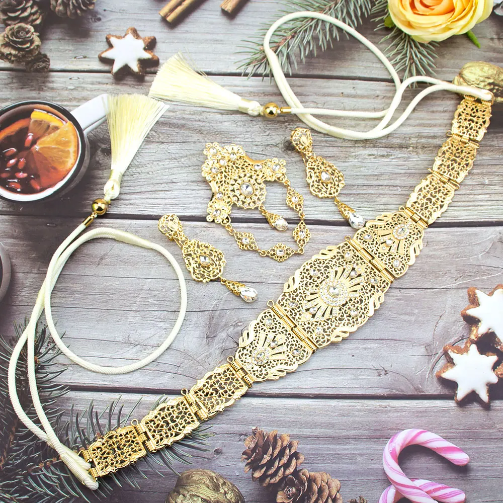 Moroccan Jewelry Sets Caftan Waist Belt Rope Tassels Chain Long Drop Earring Crystal Brooch Pins Arabic Bridal Bijoux image 3