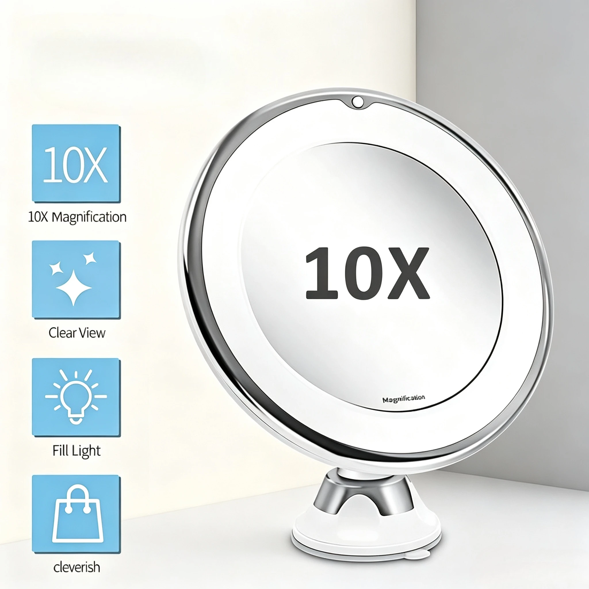 Flexible 10X Magnifying Vanity Mirror LED Fill Light Makeup Mirror Stable Suction Cup Base For Daily Cosmetic Skincare Use