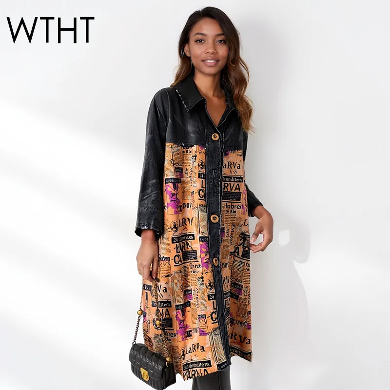 WTHT Vintage Fashion Women's Letter Print Patchwork Long Sleeves Jacket 2025 Winter Trendy Lapel Loose Coat Female 1LS2690