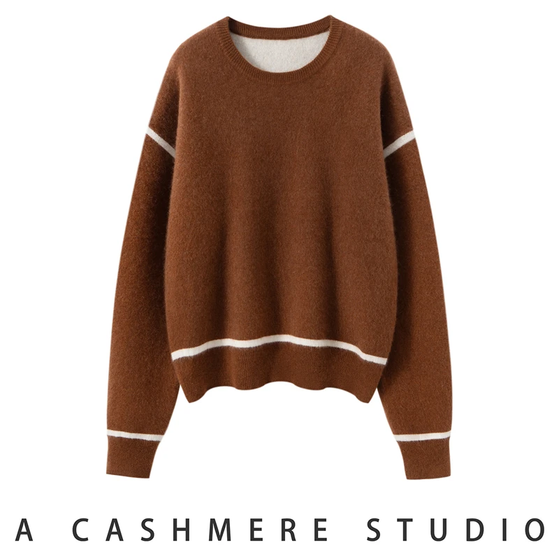 เสื้อสเวตเตอร์แคชเมียร์แท้ 100% สำหรับผู้หญิง คอกลม แขนยาว สไตล์สั้น สีบล็อค สำหรับฤดูใบไม้ร่วงและฤดูหนาว เสื้อถักแคชเมียร์ยอดนิยม