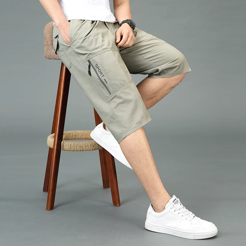 Summer Beach Casual Shorts Men\'s Clothing Solid Color Youthful Vitality Safari Style Pockets Daily Mid Waist Elastic Knee Pants