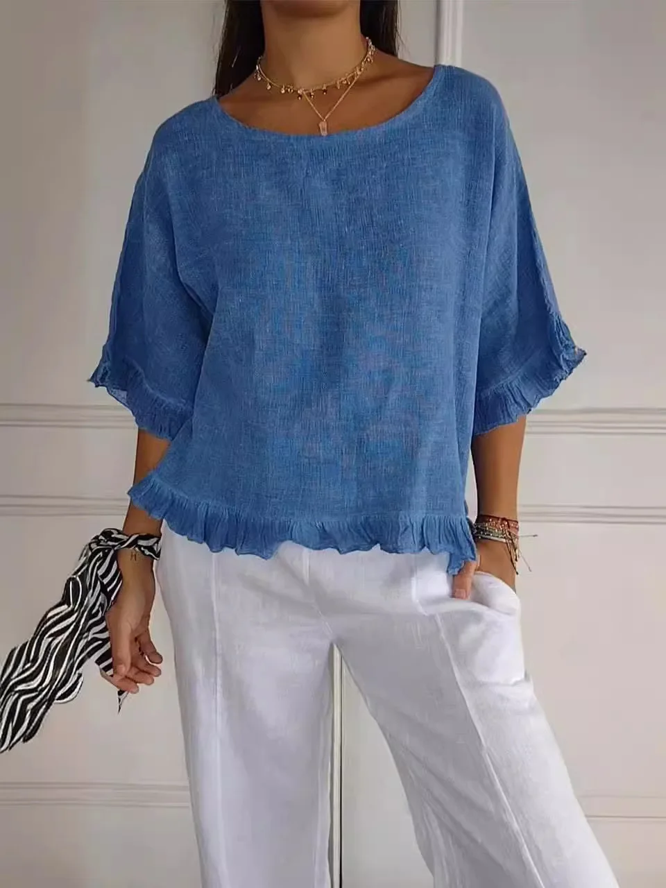 

Contemporary Shirt Short Sleeve Round-Neck Blouse Cotton Linenblend Oversized Top Breathable Lightweight Summer Tunic