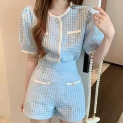 Women's Summer New Minimalist Commute Button Plaid Crew Neck Short Sleeve High Waist Zipper Wide Leg Pants Fashion Two-piece Set