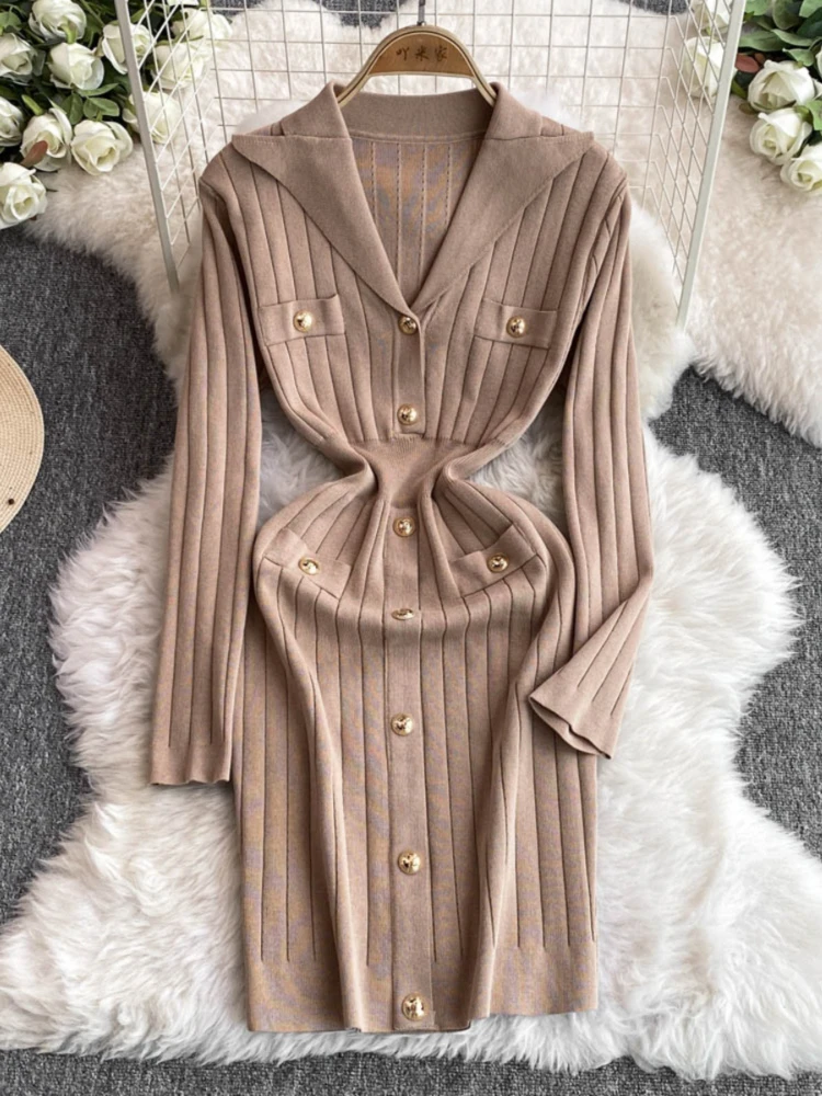 

French Chic Long Sleeve Bodycon Knit Dress Women Sexy Office Lady Elegant Lapel Elastic Slim Wrap Pencil Mini Dresses Vestidos