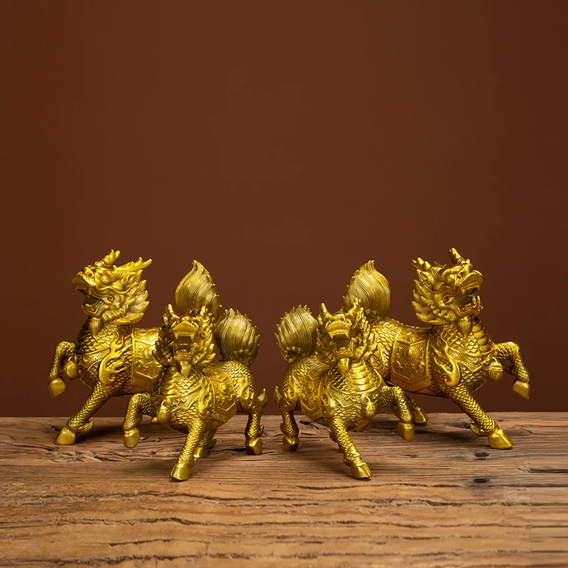 A pair of pure brass copper qilin ornaments for office, living room, and home decoration