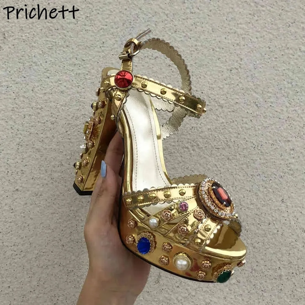 

Gold Rhinestone Pearl Sandals Pearl Crystal Flower Platform Chunky Heels Peep Toe Sandals Women's Summer Sewing Luxury Shoes