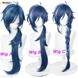 3 스타일 Kaeya 코스프레 가발 애니메이션 80cm/85cm 긴 진한 파란색 브레이드 내열성 합성 머리 할로윈 파티 가발 + 가발 모자