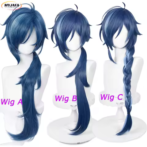 3 Styles Kaeya Cosplay Wig Anime 80cm/85cm Long Dark Blue Braid Heat Resistant Synthetic Hair Halloween Party Wigs + Wig Cap
