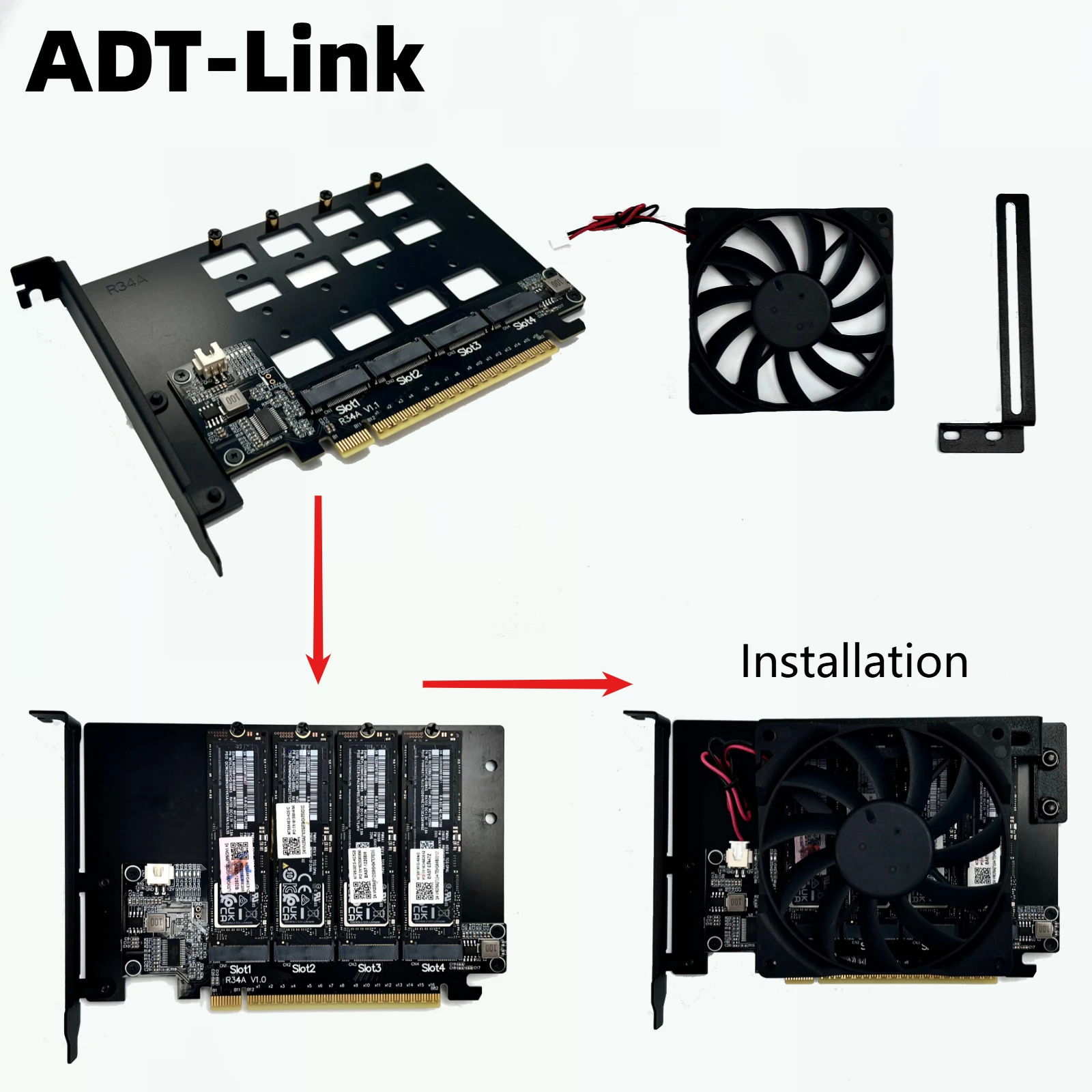 R34A PCIE 5.0 X16 To 4 Ports M.2 NVMe Expansion Card Fan Kit M.2 NVMe Solid State Drive SSD 4*128Gbps Gen5 4-Disks Split Adapter