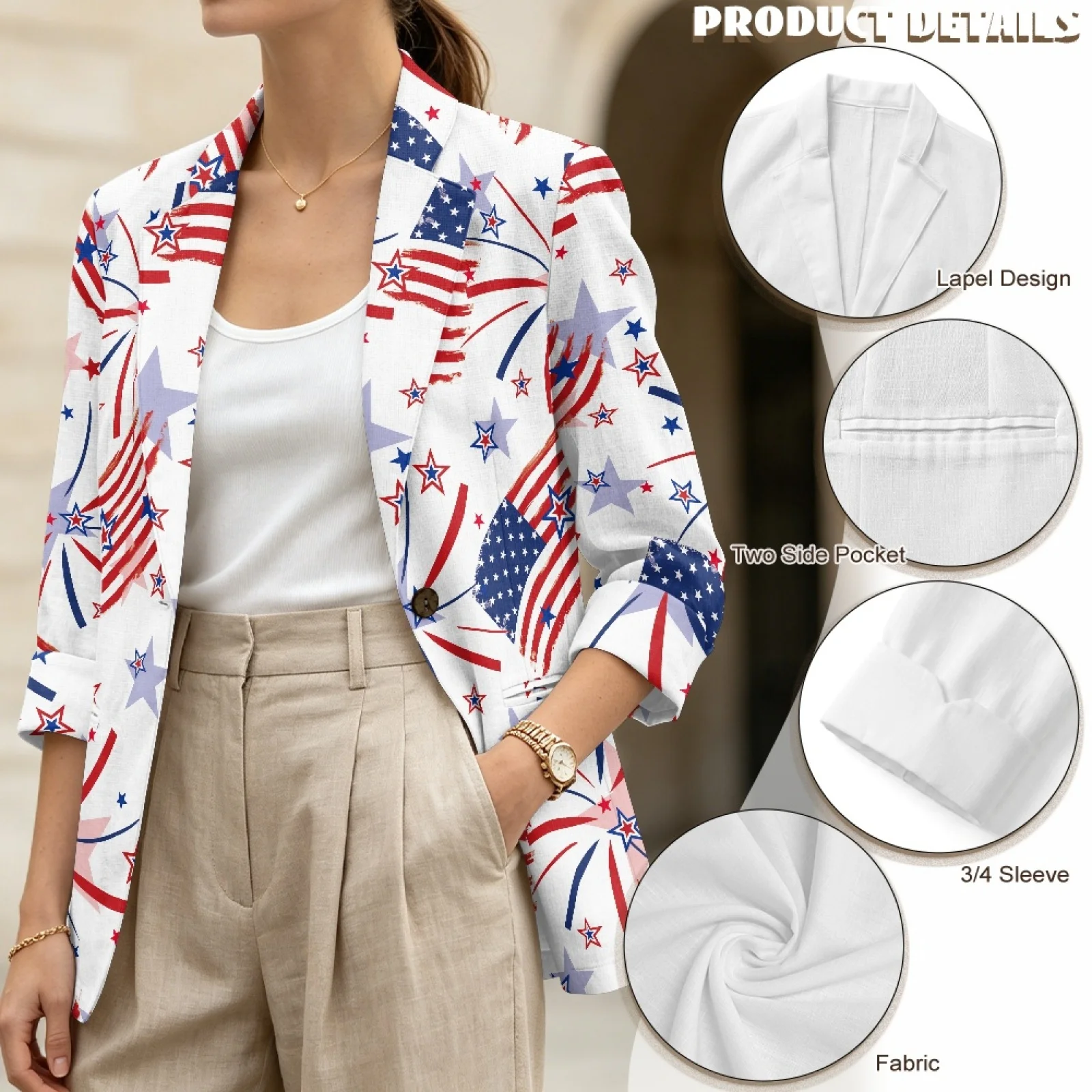 PENSTROLL 4th Of July Flag Linen Style Business Jacket Versatile Outerwear for Women Open Front Beach Coverups view 5