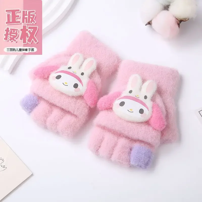 Sanrio Kuromi My melody Pochacco children's gloves, cute and warm winter for boys and girls, flip-top half-finger anti-cold