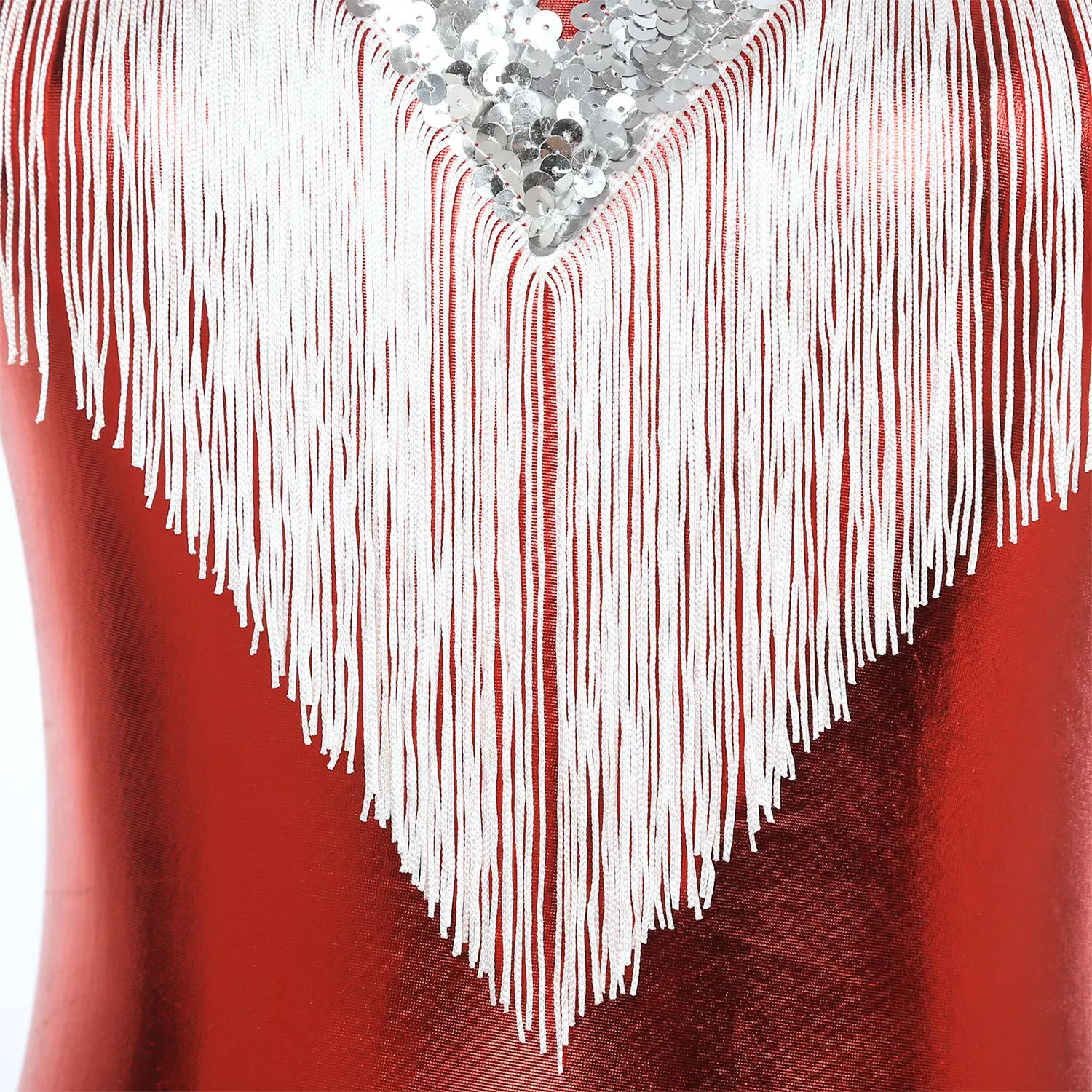 Women Latin Dance Bodysuit Sleeveless Metallic Sequin Tassel Leotard Dress for Cha-cha Tango Samba Rumba Skating Gymnastics