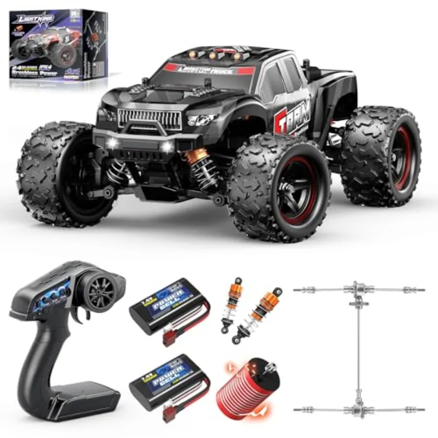 

Off-road RC racing truck for adults and boys, all-metal drivetrain, black, 52 km/h speed with brushless motor, includes 2 batte