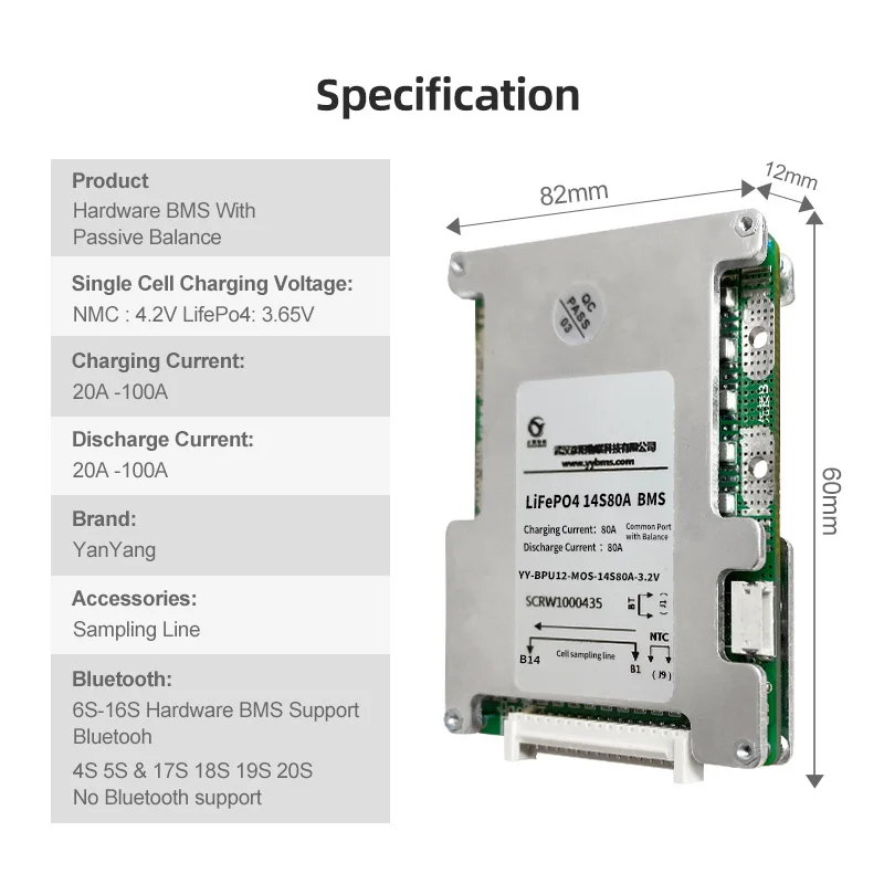 Yanyang BMS For LifePO4 3.2V Battery Electric Scooter 14S 24V 80A 18650 Lithium Battery 24Volt BMS