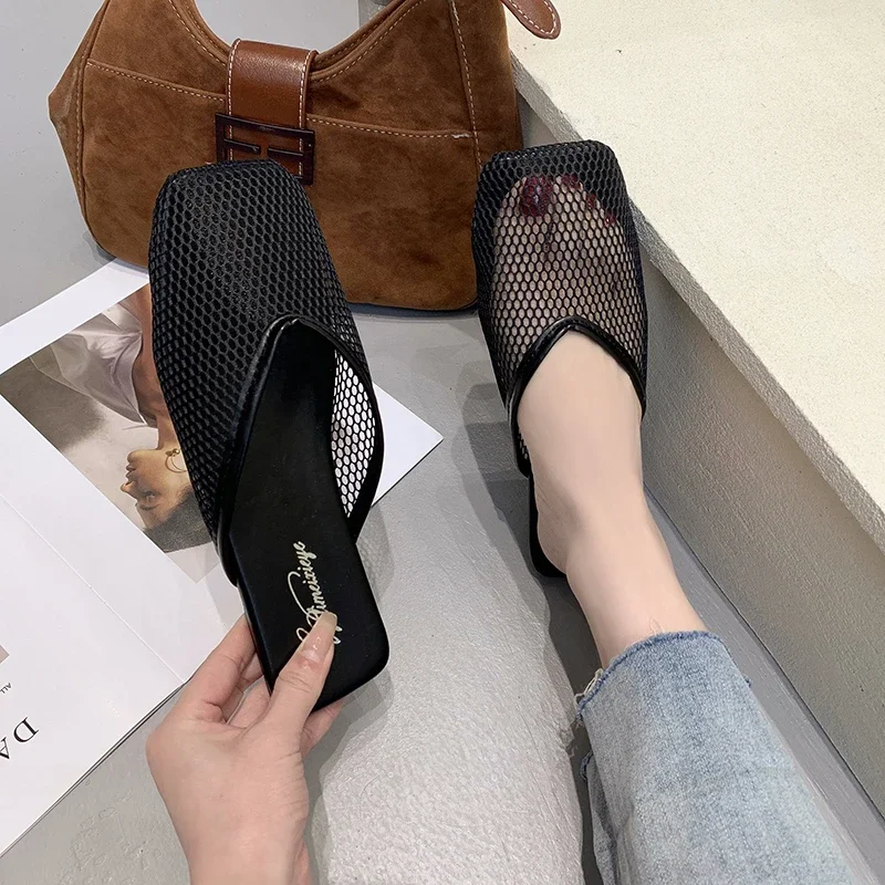 Women\'s Summer Home Slippers Mujer 2022 New Hollow and Breathable Mesh Flat Shoes Square Toe Flat Heel Casual Sandals Women