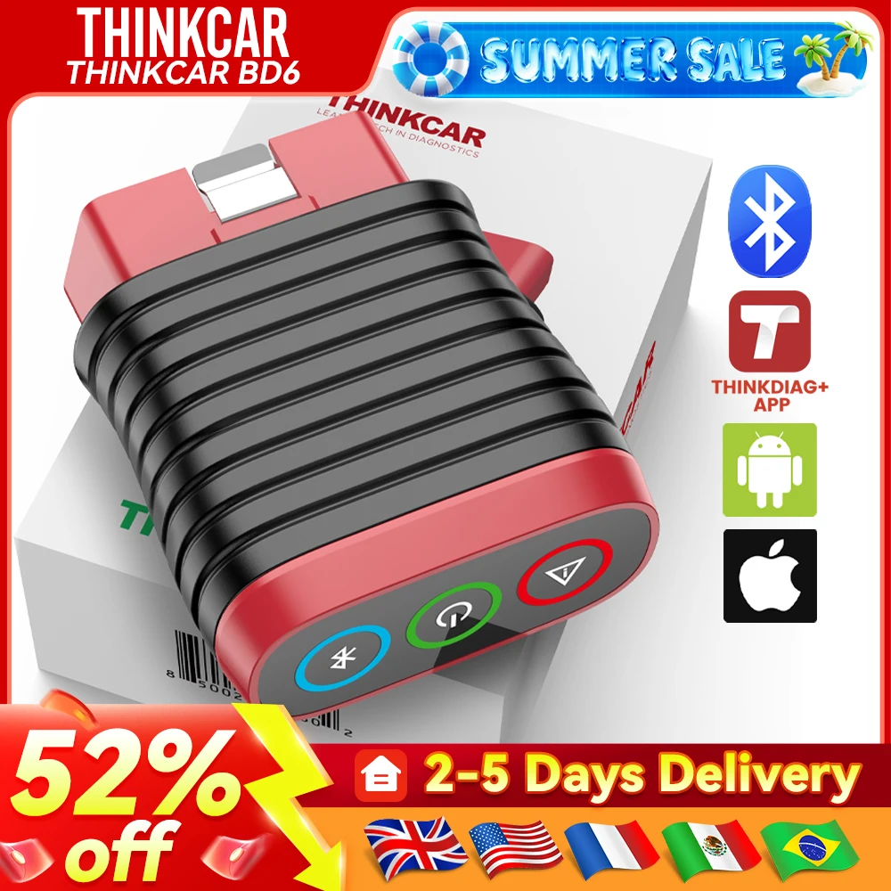 Dożywotnie darmowe aktualizacje THINKCAR BD6 skaner OBD2 Bluetooth, narzędzie do diagnostyki wszystkich systemów z 5 funkcjami resetowania dla 120 marek samochodów, kompatybilne z iOS i Android.