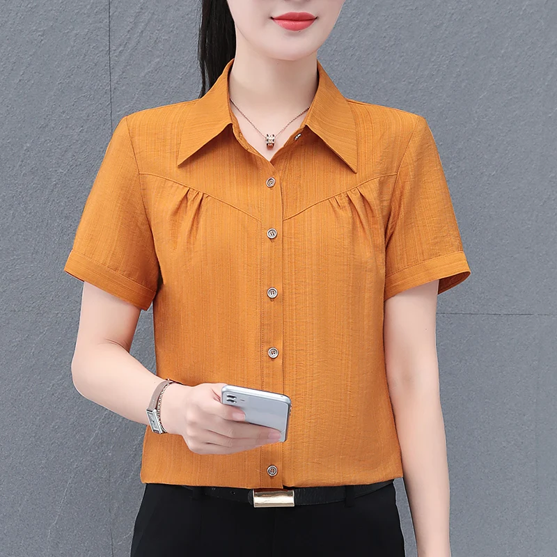 Lady Fashion versatile short sleeved shirt for women\'s new summer commuting comfortable and breathable lapel loose casual top