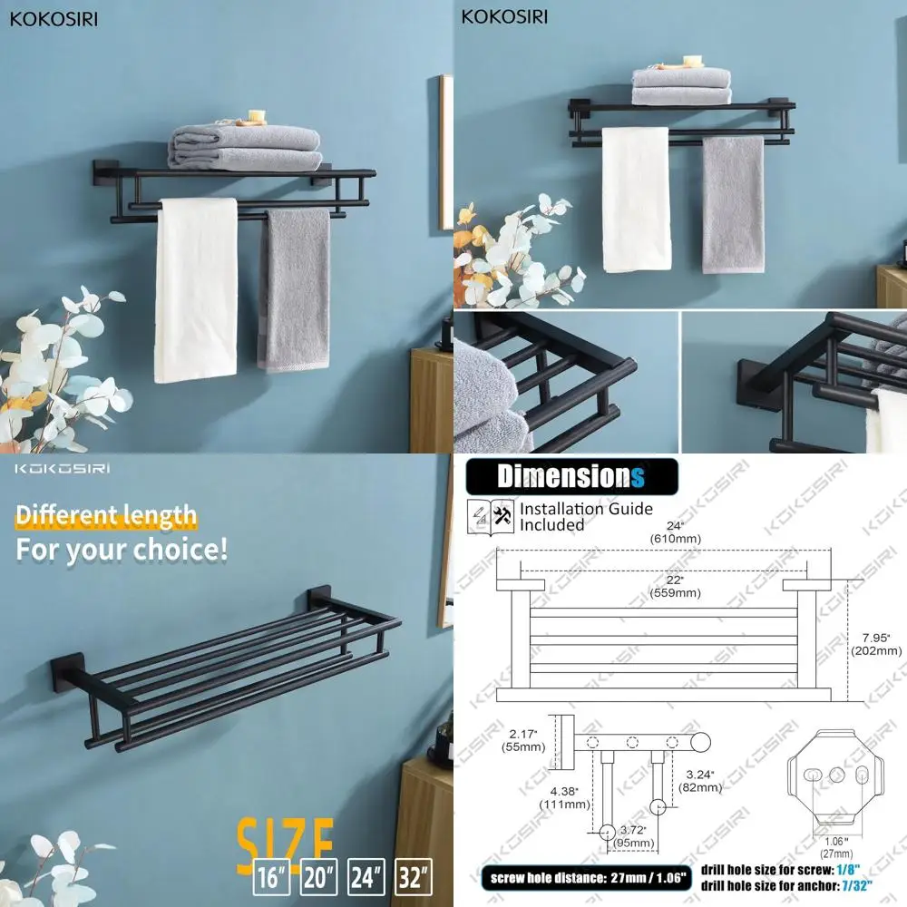 

24 Wall-Mounted Stainless Steel Double Bar Towel Rack with Matte Black Finish