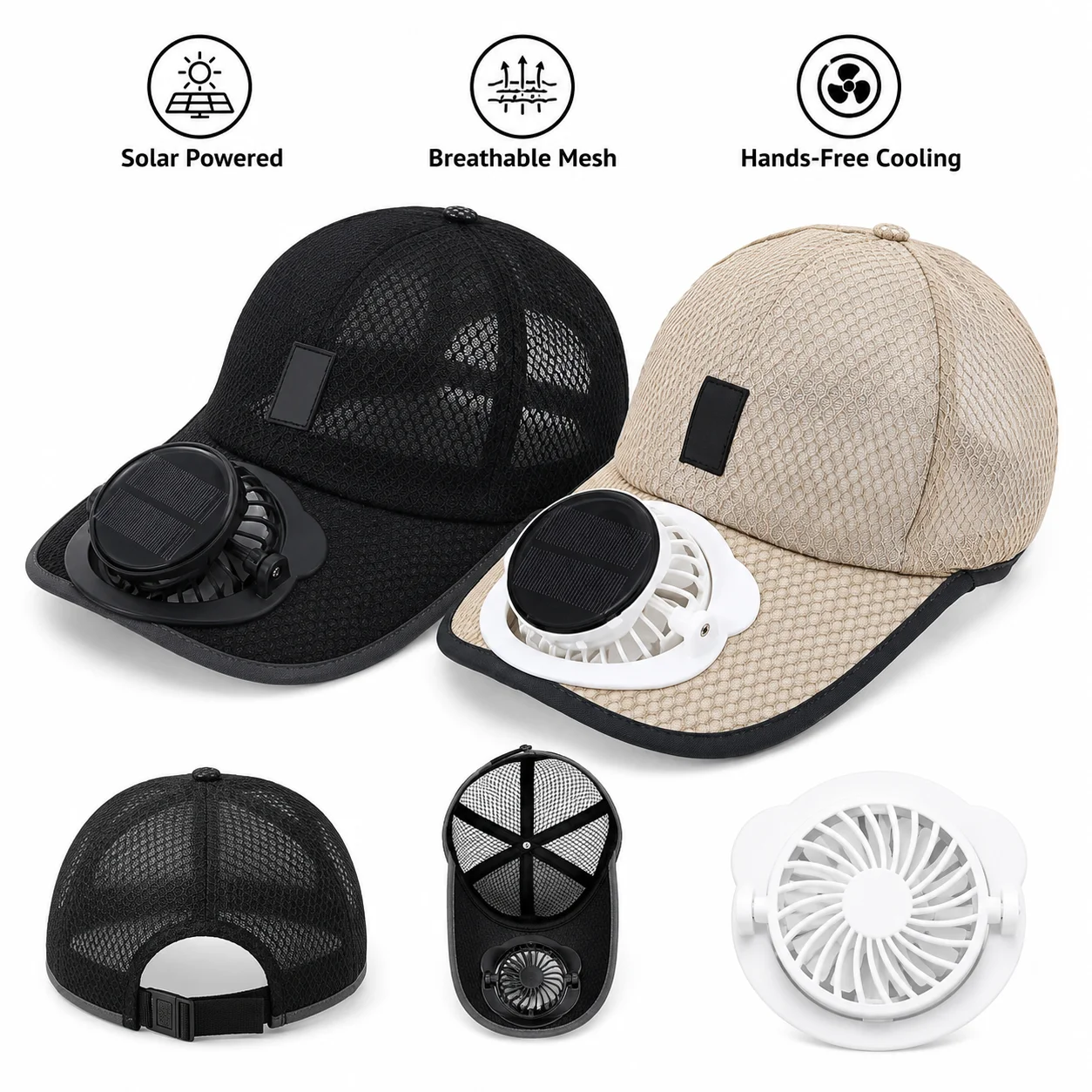 Outdoor Cooling Fan Hat Solar USB Rechargeable Breathable Sun Protection Cap Adjustable Airflow 3 Speed Hiking Fishing Use