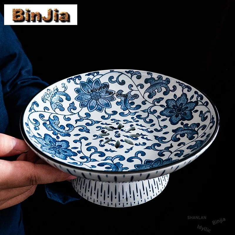 Large Ceramic Exquisite Snack And Dried Fruit Plate With Blue White Pattern, High-Legged, Split Draining Holes
