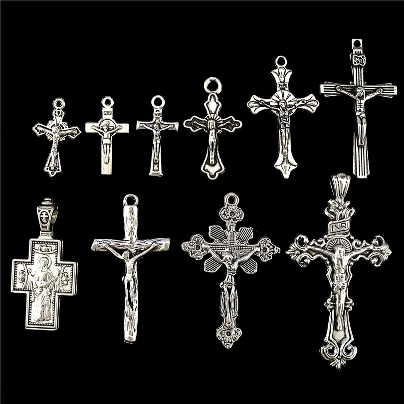 10pcs/lot Mix Christian Cross Charm Antique Silver Color Alloy Pendants Accessories diy Jewelry Making Necklace cruz colgante