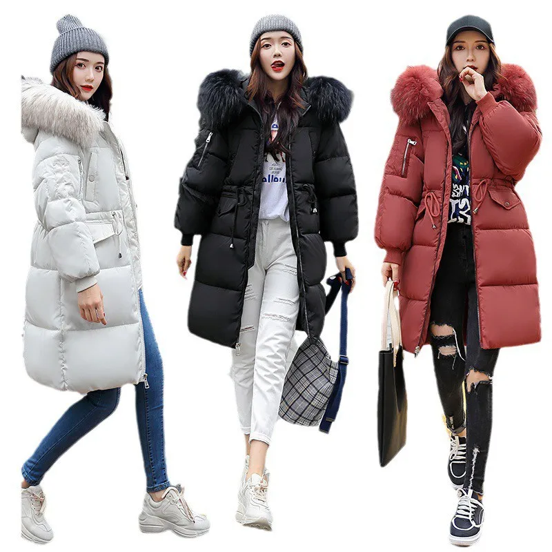 Fashion Big Faux Fur Collar Long Padded Jacket Women Drawstring Lightweight Slim Quilted Coats Full Zip Solid Color Padded