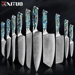 Profession Damascus Steel Chef Knife Super sharp Kitchen Knife Cleaver Paring Bread Knife etc. Exquisite Abalone Shell Handle
