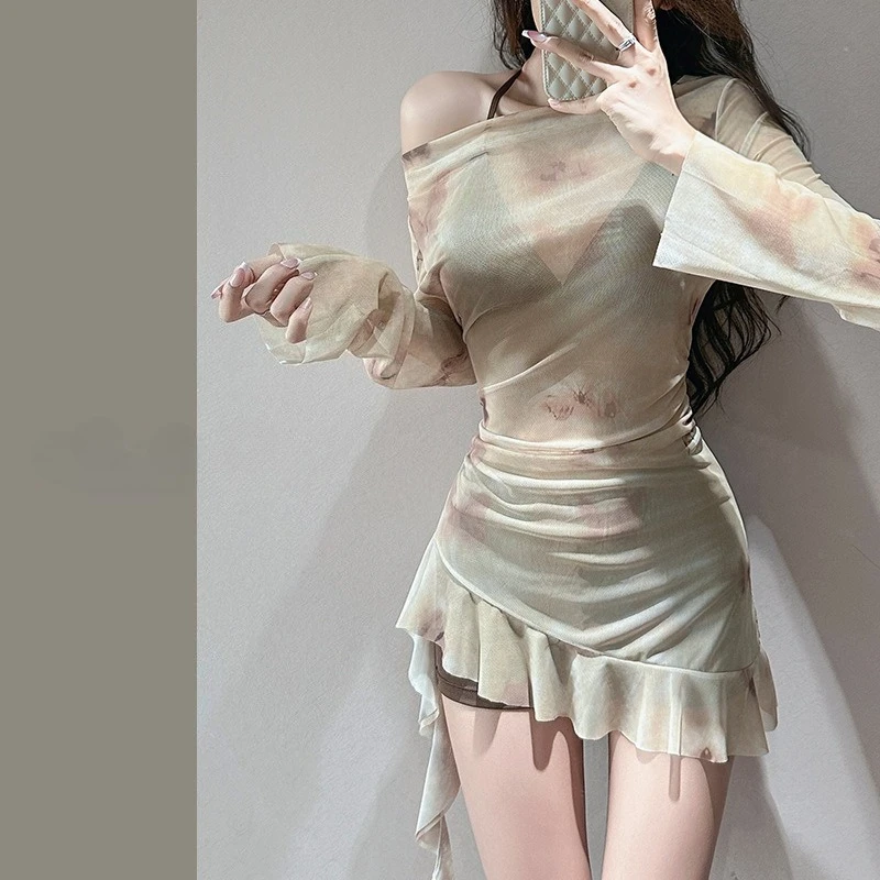 

sexy Korean fashion conservative bikinis sets three pieces bikini shorts with print off shoulder irregular cover smock swimsuit