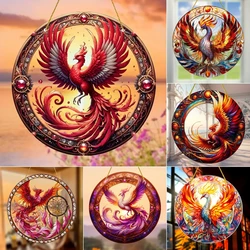 Christmas Rising Phoenix Suncatche,2D Round Acrylic Translucent Stained Hanging,Festive Gift,Farmhouse Garden Yard Window Decor