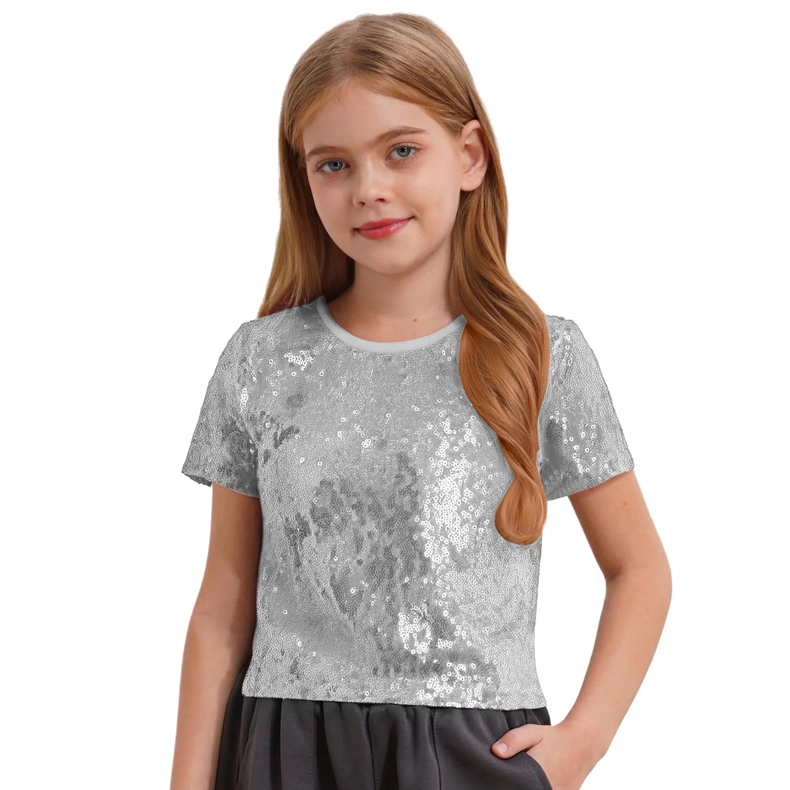 

Summer Shirt for Kids Girls Jazz Dance Tops Round Neck Short Sleeve Shiny Sequins Crop Top for Hip-Hop Street Stage Performance