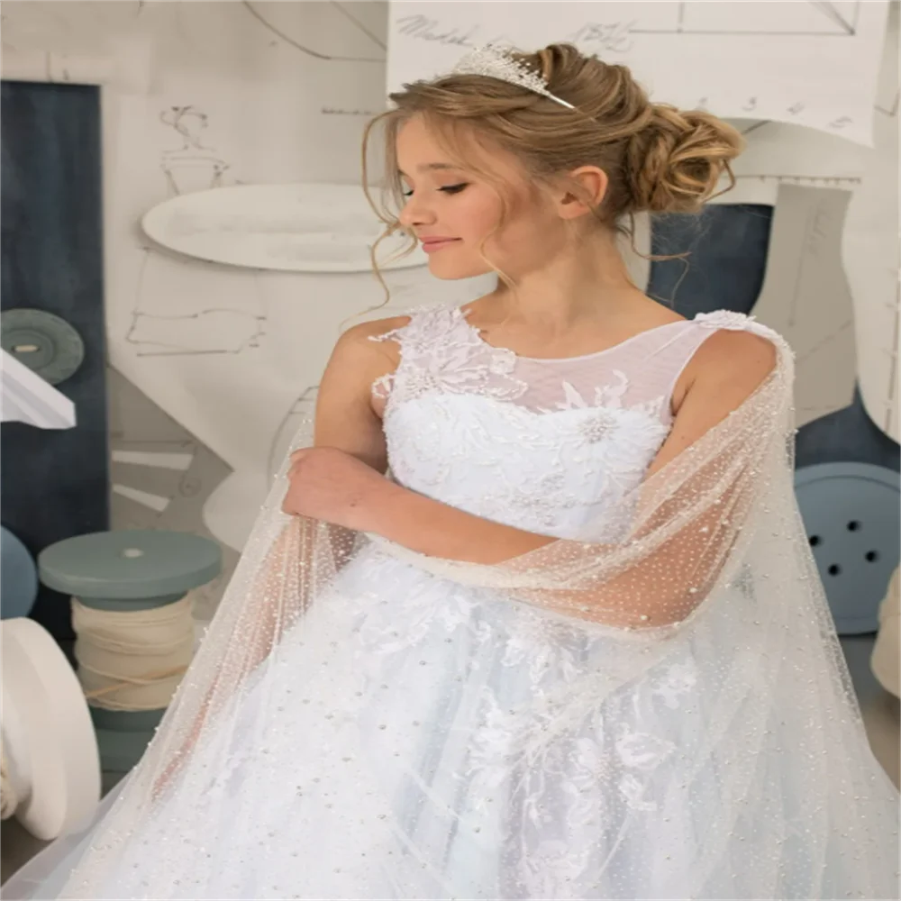 Weiße Tüll Blumen mädchen Kleider Spitze Applikation Hochzeit Donsig Prinzessin erste Eucharistie Geburtstags feier Kleid Kind Pasmaak Geschenk