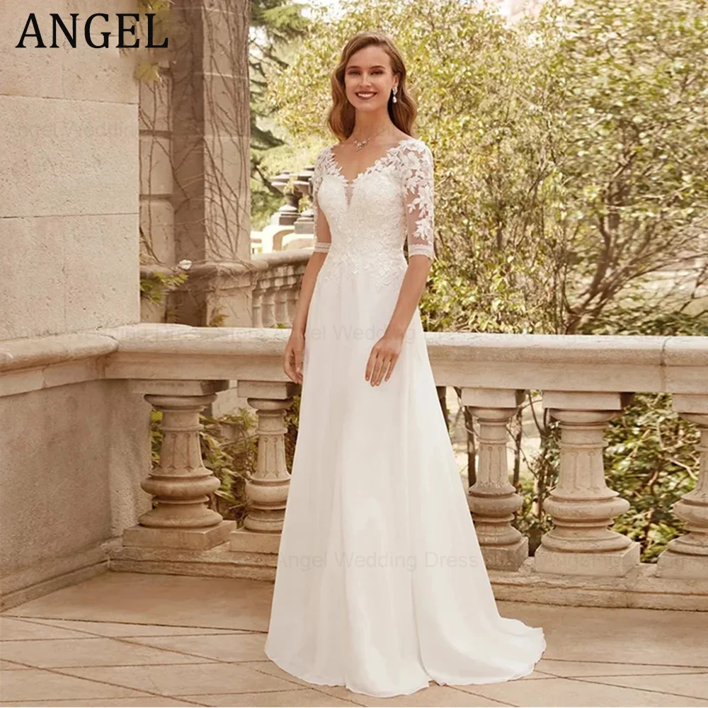 

ANGEL Elegant Half Sleeves Bridal Dresses Delicate Lace Appliques Wedding Dress Chiffon Train robe de mariée bohème For Bride