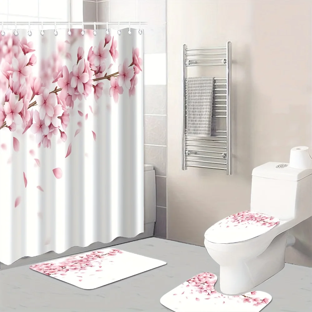 

Набор занавесок для душа в ванной комнате с розовым вишневым узором из 4 предметов, коврик для ванной комнаты с цветочным принтом, U-образный коврик, коврик для унитаза