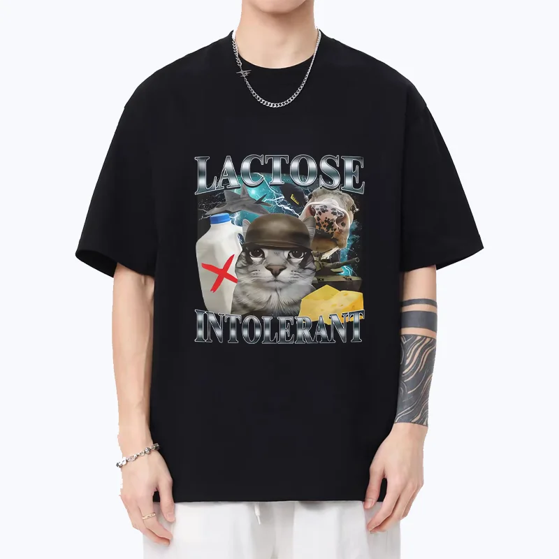 

Lactose Intolerant Funny Cat Meme Hot sale plus size tops Men women throwback short sleeve T-shirt Fashion 100% Cotton T Shirts