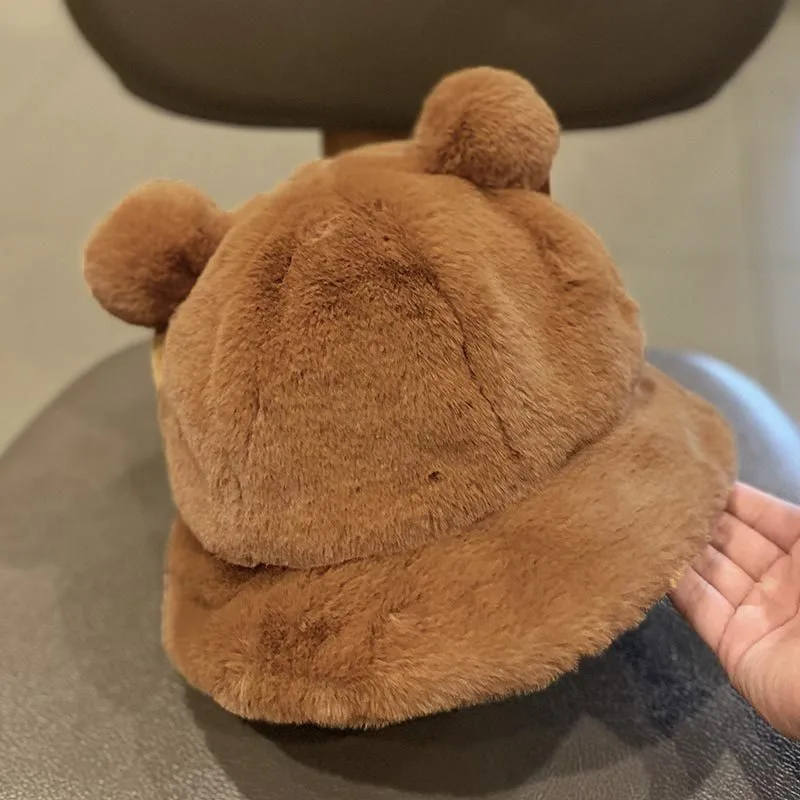 Fisherman Hat Cute Bear Shaped Plush Warm Pot Solid Short Eaves Hat Apparel Accessories