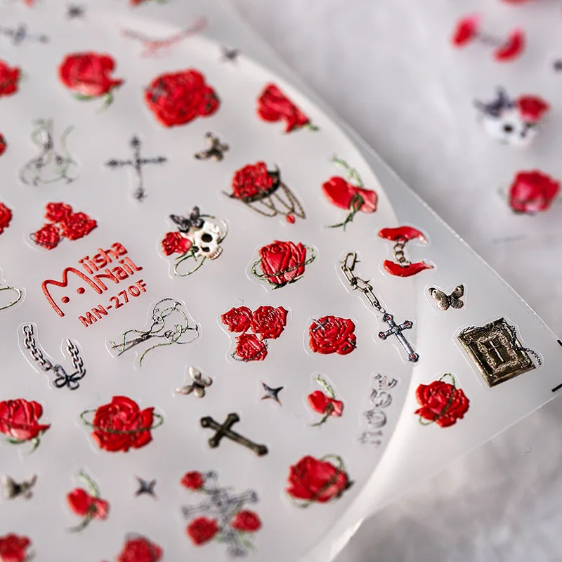 3D/5D Realistic Relief Bright Red Rose Flowers Skull Head Cross Butterfly Adheisve Nail Art Stickers Decals Manicure Ornaments