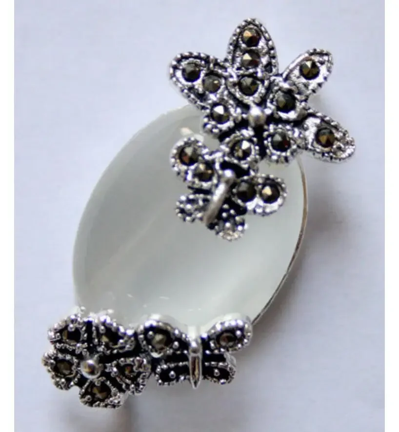 

vintage 925 silver natural 30*20 clear white opal flower marcasite pendent