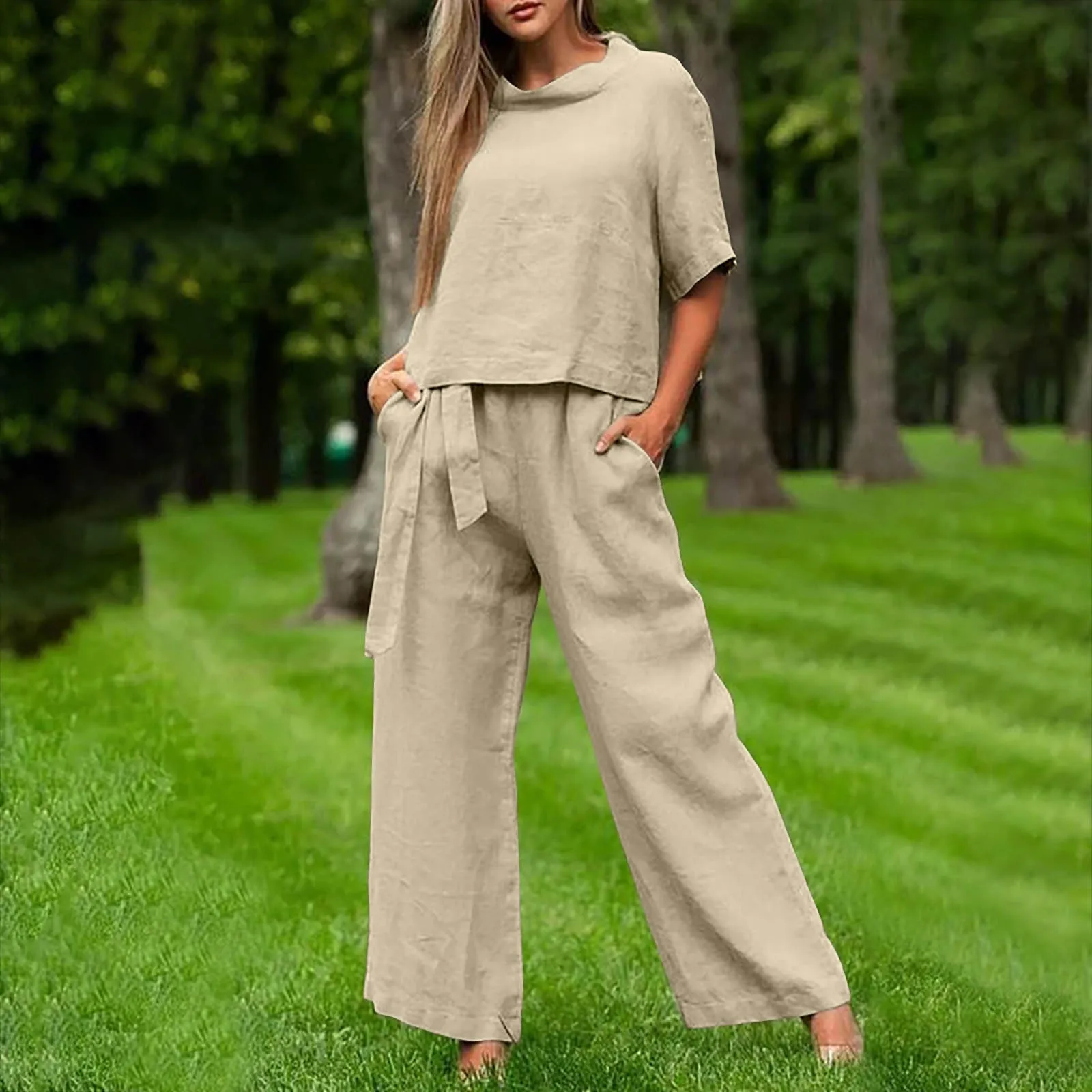 

Women Summer Solid Matching Set Half Sleeve O-Neck Oversize Thin Blouse Wide Leg Pant Femme Holiday Elastic Vintage Sets