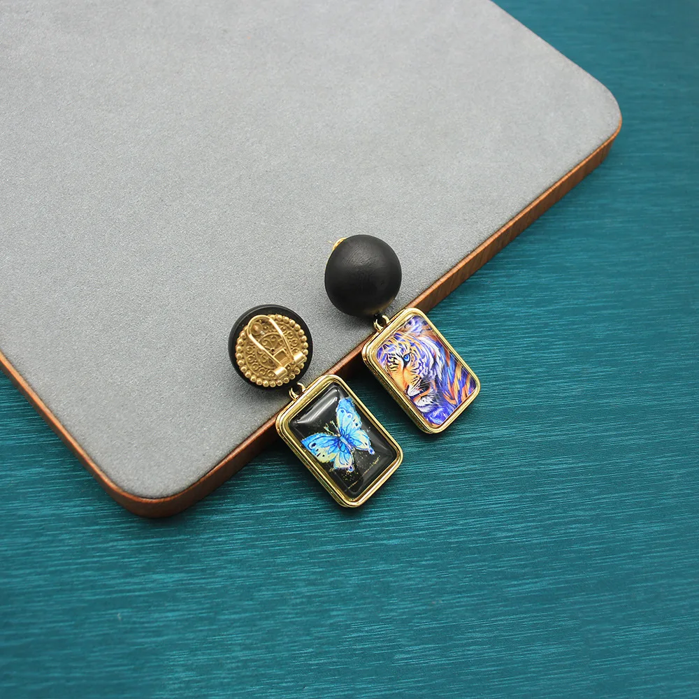 Vintage Resin Blue Flame Tiger Stripe Earrings Square Wooden Black-Gold Color Animal Dangle Jewelry Birthday Gifts for Women