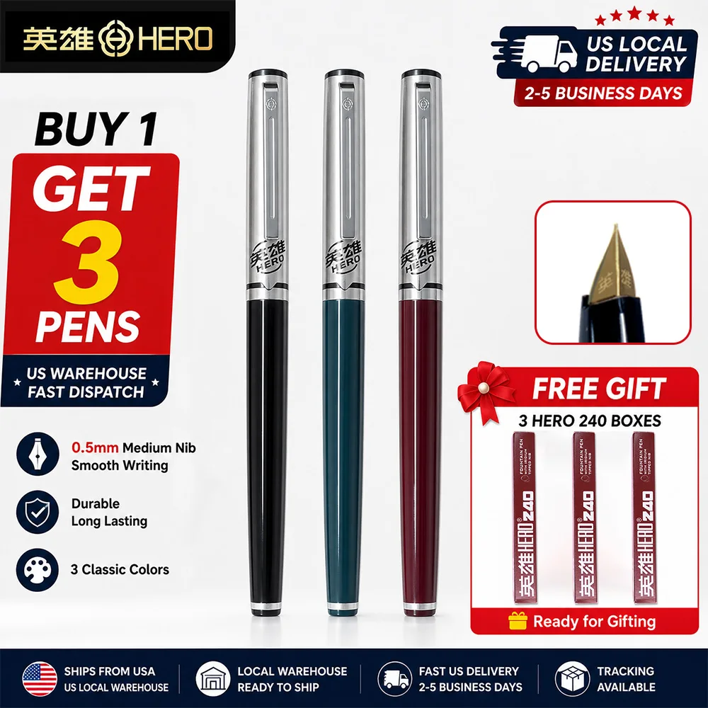 Hero 240 Classic Fountain Pen 0.5mm Iridium Fine Nib Lightweight ABS Body Metal Cap & Clip Push-pull Ink Converter 2.6mm Ink Cartridge Refillable Smooth Writing Pen for Students Daily Use Calligraphy Practice School Office Supplies Local Inventory
