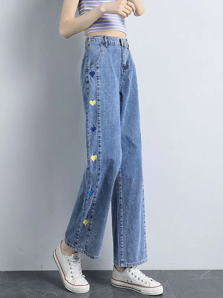 Damskie luźne jeansy z haftowanym motywem \"Love\", z wysokim stanem, w stylu koreańskim, casualowe spodnie dżinsowe, vintage, proste, z szerokimi nogawkami, vaqueros.