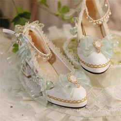 Scarpe da ragazza Lolita Vintage francesi elegante Tea Party Palaca Ribbon Bowknot perle gemme sandali a punta in pizzo 5-6cm con tacco alto