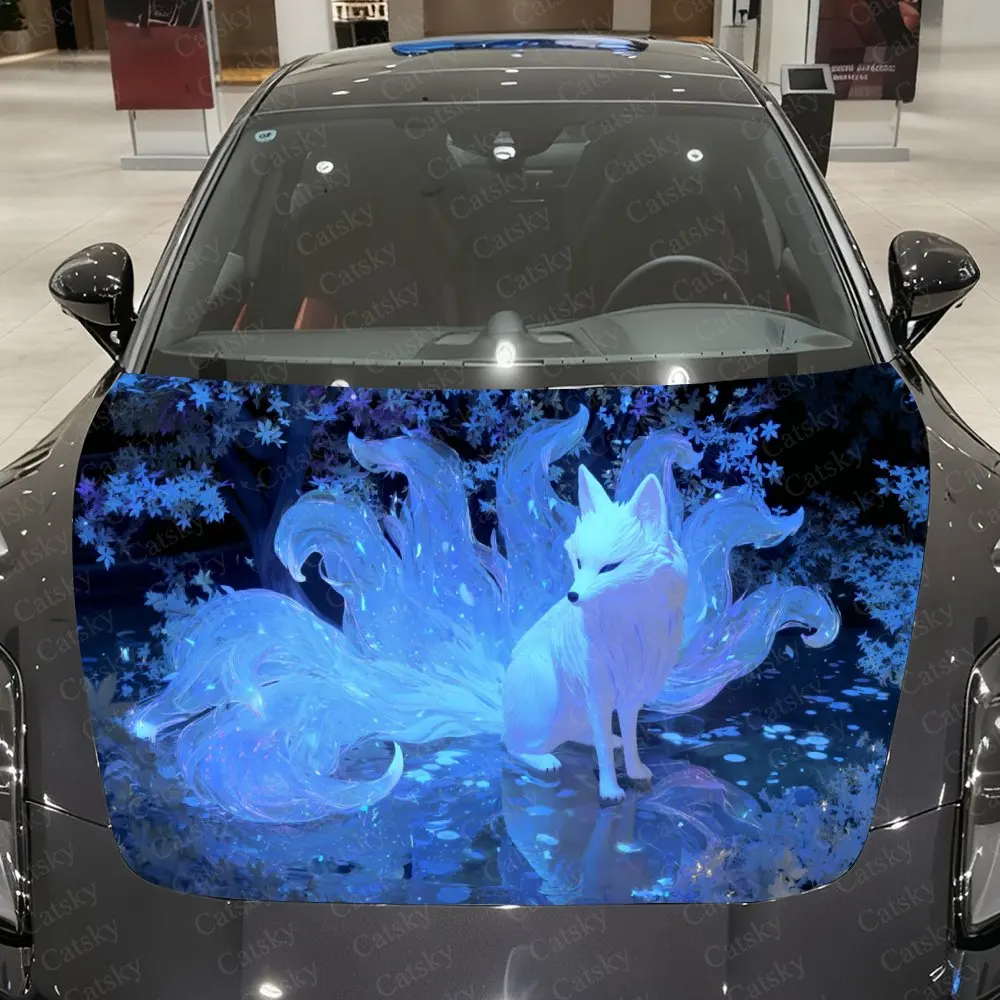 Snow Fox in Cold Stream Blue Light Car Vinyl Wrap, PVC Waterproof Car Hood Sticker, Self-Adhesive Scratch-Resistant Stickers