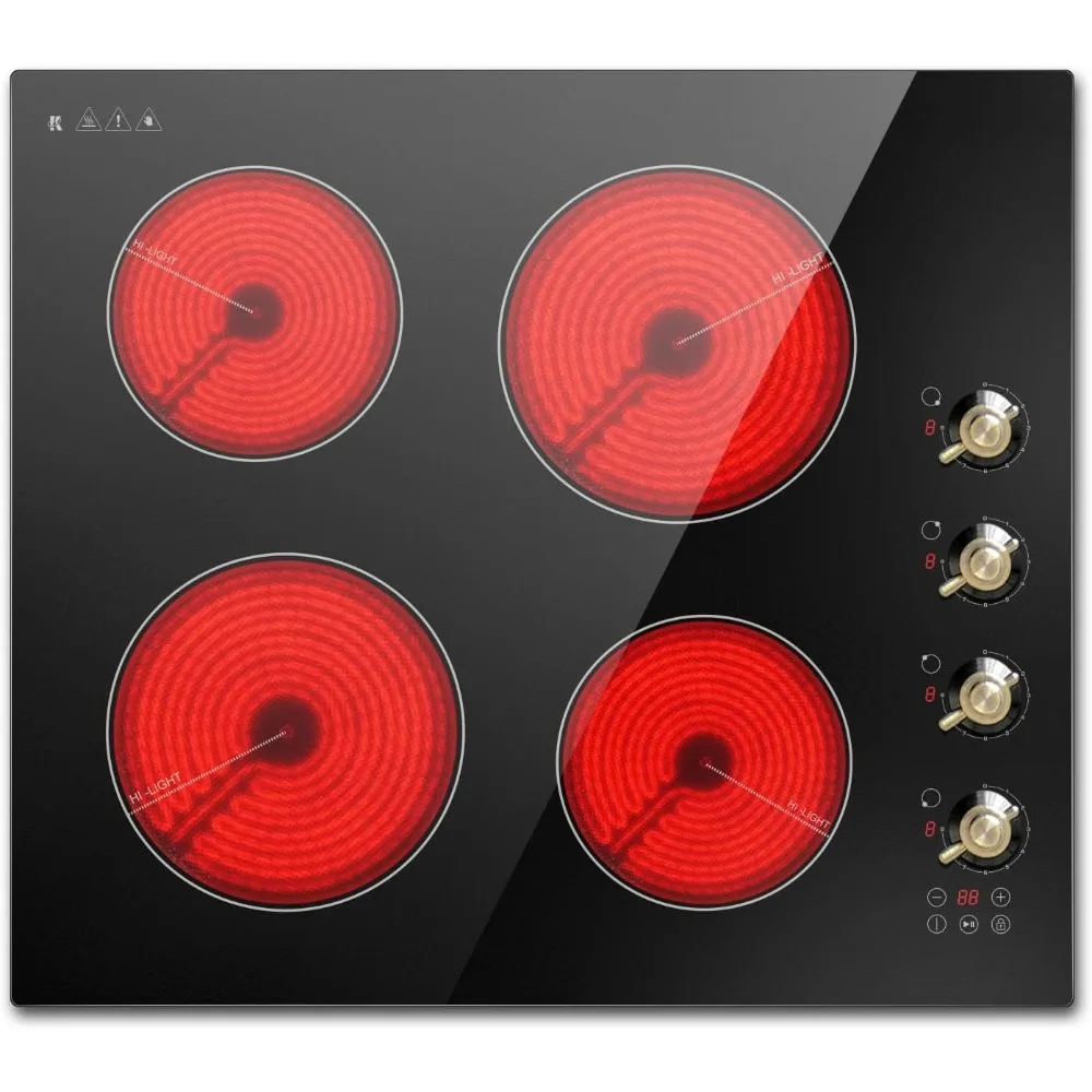 Electric Cooktop 24 Inch, 4 Burners Electric Stove Top, Built-in Electric Radiant Cooktop Knob Control, Safety Lock